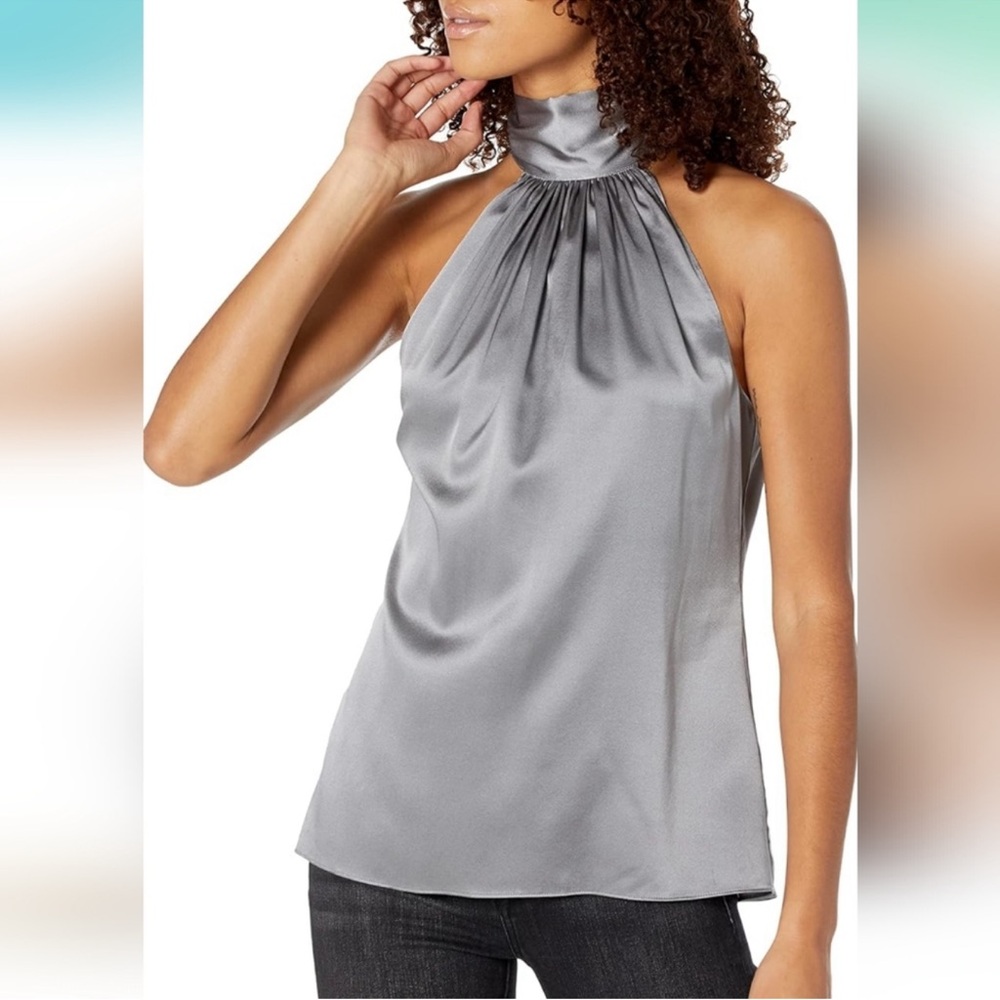 Ramy Brook Lori Silk High Neck Tank Blouse Slate Gray Large